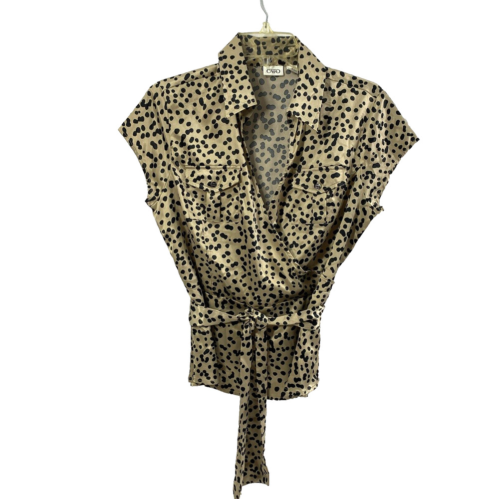 Cato Wrap Top Womens Medium Satin‎ Animal Print Cap Sleeve Blouse
